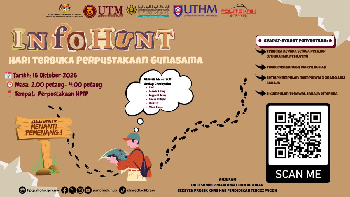 PagohEduHub's tweet photo. HARI TERBUKA PERPUSTAKAAN GUNASAMA 2025

Sempena dengan Hari Terbuka Perpustakaan Gunasama 2025, kami menjemput semua pelajar di Hab Pendidikan Tinggi Pagoh untuk menyertai aktiviti INFOHUNT!

Klik link dibawah untuk maklumat lanjut :

https://t.co/JaVZqBcMiE https://t.co/3bWZMj76b3
