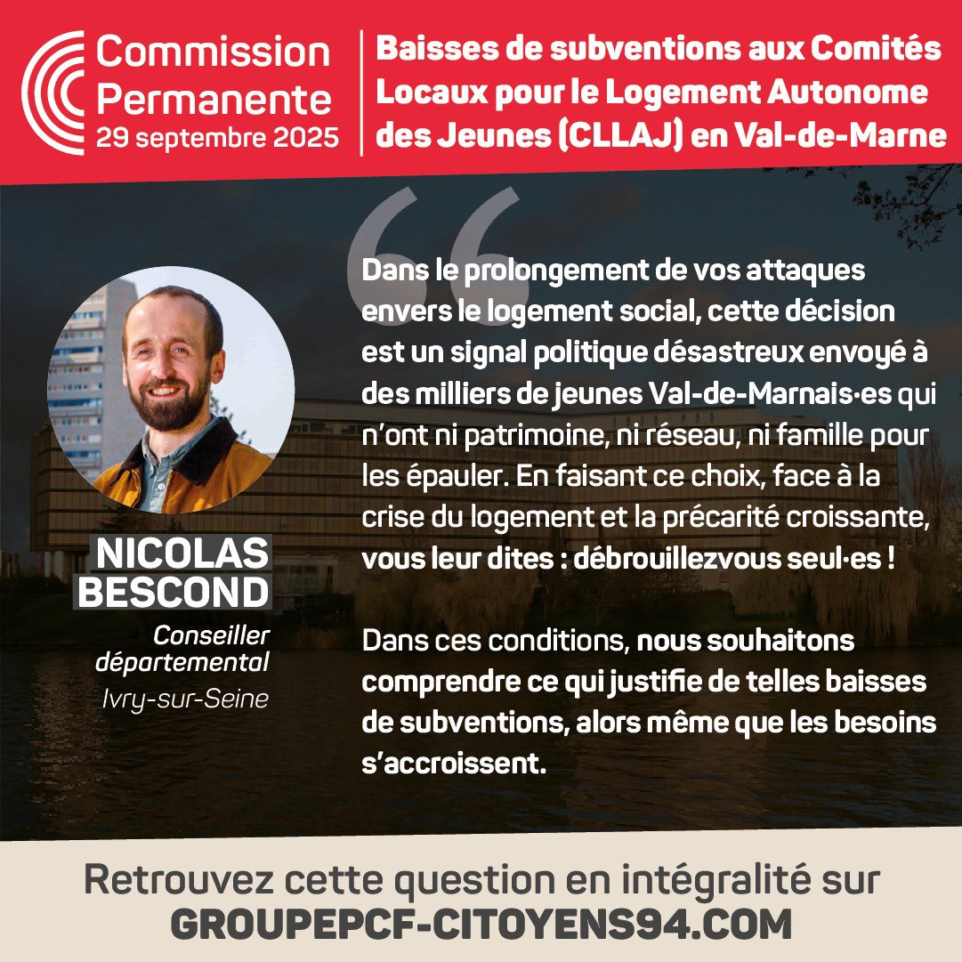 🔴 Interventions de <a href="/FatihaAggoune/">Fatiha Aggoune</a> et <a href="/nobesk/">Nicolas Bescond</a> lors de la Commission permanente du Conseil départemental du lundi 29 septembre 2025.

↪️ Retrouvez leurs inteventions sur notre site internet : groupepcf-citoyens94.com/commission-per…

#valdemarne #associatif #solidarité #jeunesse #logement