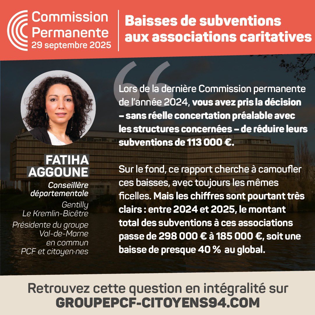 VDMencommunPCF's tweet photo. 🔴 Interventions de @FatihaAggoune et @nobesk lors de la Commission permanente du Conseil départemental du lundi 29 septembre 2025.

↪️ Retrouvez leurs inteventions sur notre site internet : https://t.co/TbjhUv4w1q

#valdemarne #associatif #solidarité #jeunesse #logement https://t.co/99YYWmbTAy