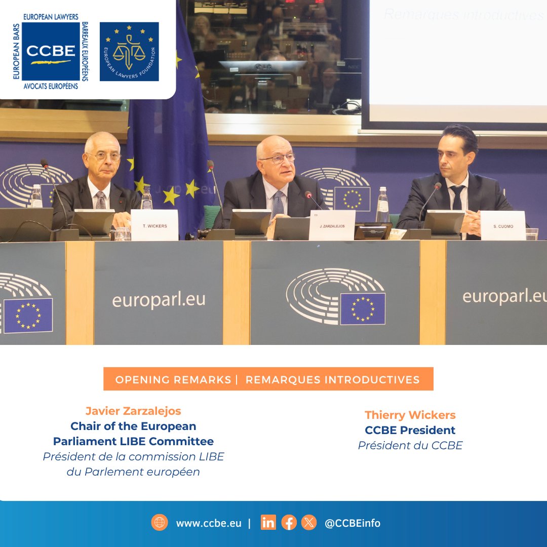 📢#CCBEevents | Ne manquez pas les remarques introductives très instructives prononcées aujourd'hui par Javier Zarzalejos, président de la commission LIBE, et Thierry Wickers, président du CCBE.