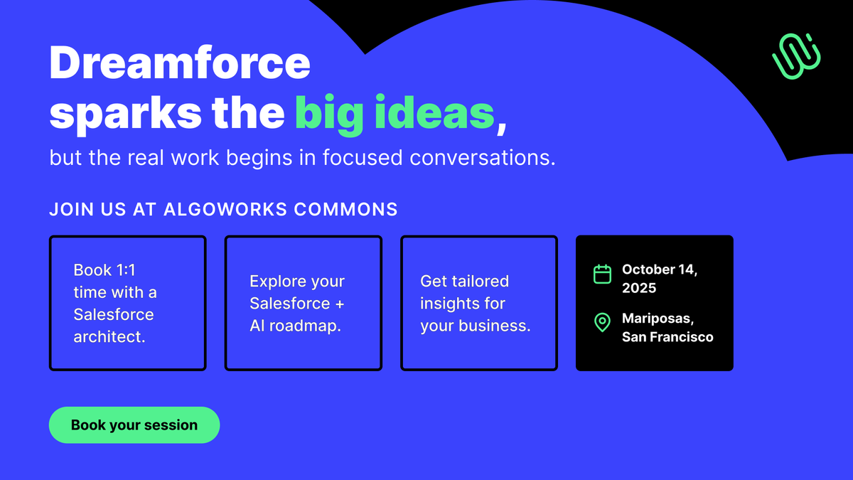 algoworks's tweet image. With Dreamforce 2025 less than two weeks away, have you mapped out how you’ll spend your time to maximize your Salesforce strategy?
algoworks.com/dreamforce/
Join us at the Algoworks Commons Party on October 14 - book a table, host your own meeting, or connect directly with our…