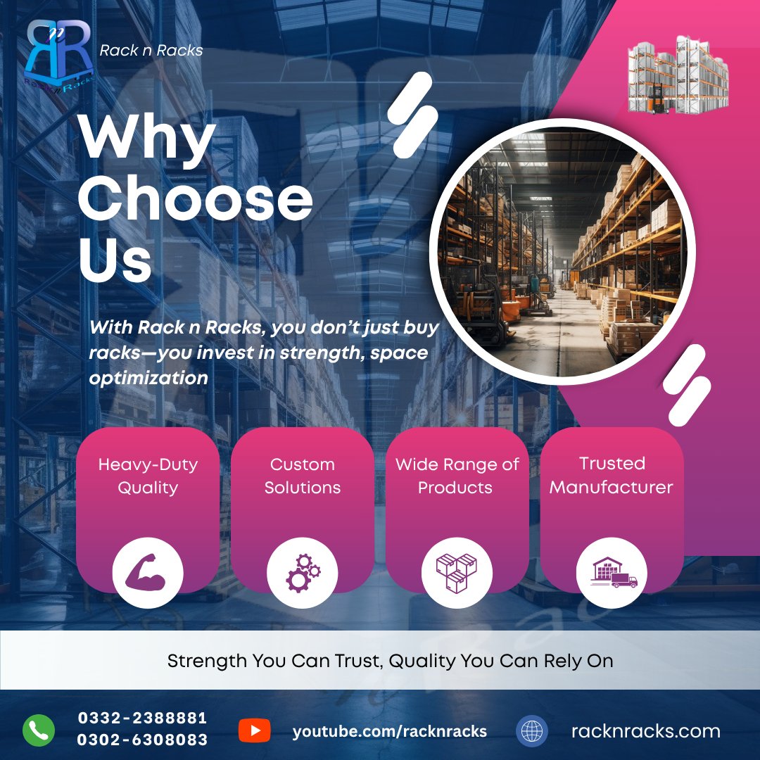 RnrRacks's tweet image. ✅ Why Choose Rack n Racks?

🏭 Trusted Manufacturer 
⚙️ Custom Solutions 
💪 Heavy-Duty Quality 
📦 Wide Range of Products 

#MaterialHandling #BoltlessRacks #ColdStorageRacks #DisplayRacks #TextileRacks #WarehouseManagement #SmartStorage #IndustrialSolutions #CustomRacks