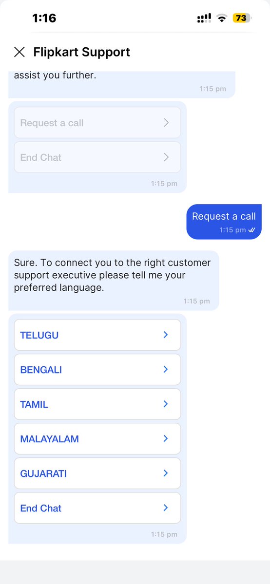 max_matrix1's tweet image. I was requesting a call from flipkart, look at the language options they gave me.
That's it, either these languages or I can cancel the request. @Flipkart what a joke.