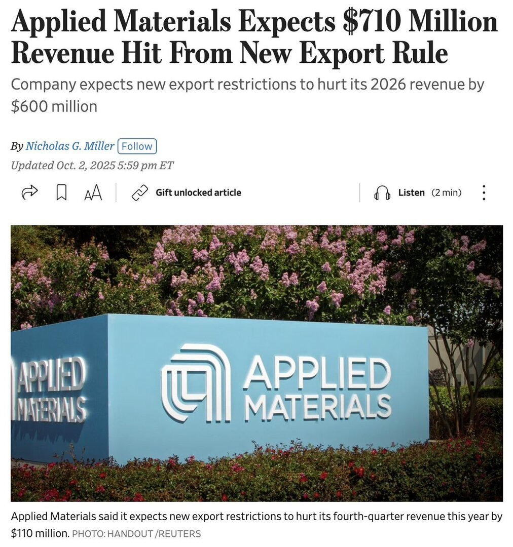 CryptoMilox's tweet image. Applied Materials ($AMAT) expects a $710M revenue hit due to new U.S. export restrictions, including $110M off Q4 and ~$600M in FY26. Tighter BIS rules restrict blacklisted Chinese firms like Huawei from using affiliates. China accounted for 35% of sales last quarter. 📉 #TechI…