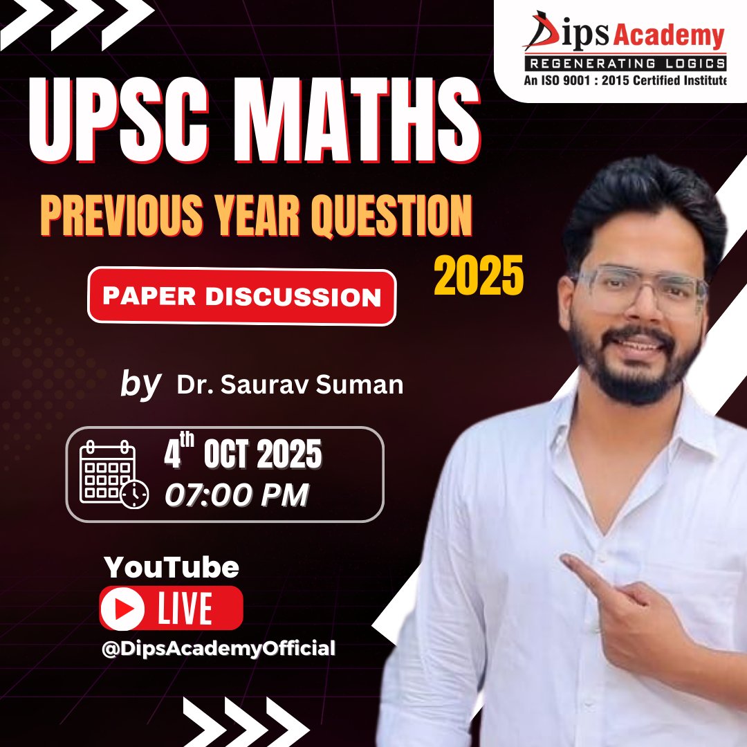 dipsacademymath's tweet image. ‼️ You're Invited ‼️
Join the 𝗨𝗣𝗦𝗖 𝗠𝗮𝘁𝗵𝘀 𝗢𝗽𝘁𝗶𝗼𝗻𝗮𝗹 Preparation with 𝗗𝗿. 𝗦𝗮𝘂𝗿𝗮𝘃 𝗦𝘂𝗺𝗮𝗻
📅 Date: 𝟰𝘁𝗵 𝗢𝗰𝘁 𝟮𝟬𝟮𝟱
⏰ Time: 𝟳:𝟬𝟬 𝗣𝗠
#upsc #mathsoptional #SwadeshiSankalp