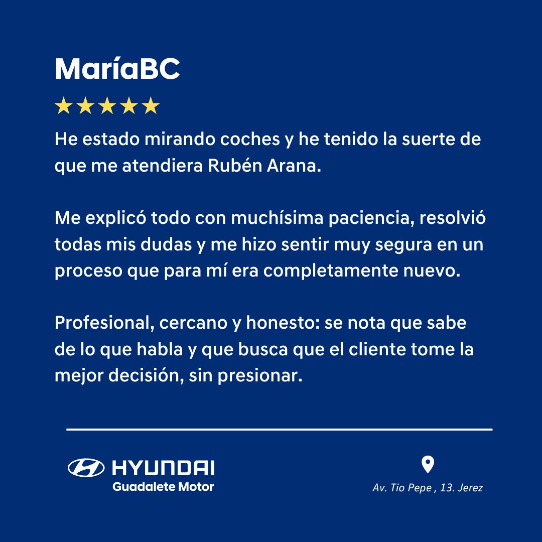 Cinco estrellas que nos llenan de energía.
⭐️⭐️⭐️⭐️⭐️

Seguiremos trabajando para estar siempre a la altura. 🚘✨

Gracias por elegirnos y por valorar el esfuerzo de nuestro equipo. 💙

#Hyundai #GuadaleteMotor #Jerez #Cadiz #Reseña #ClientesSatisfecho