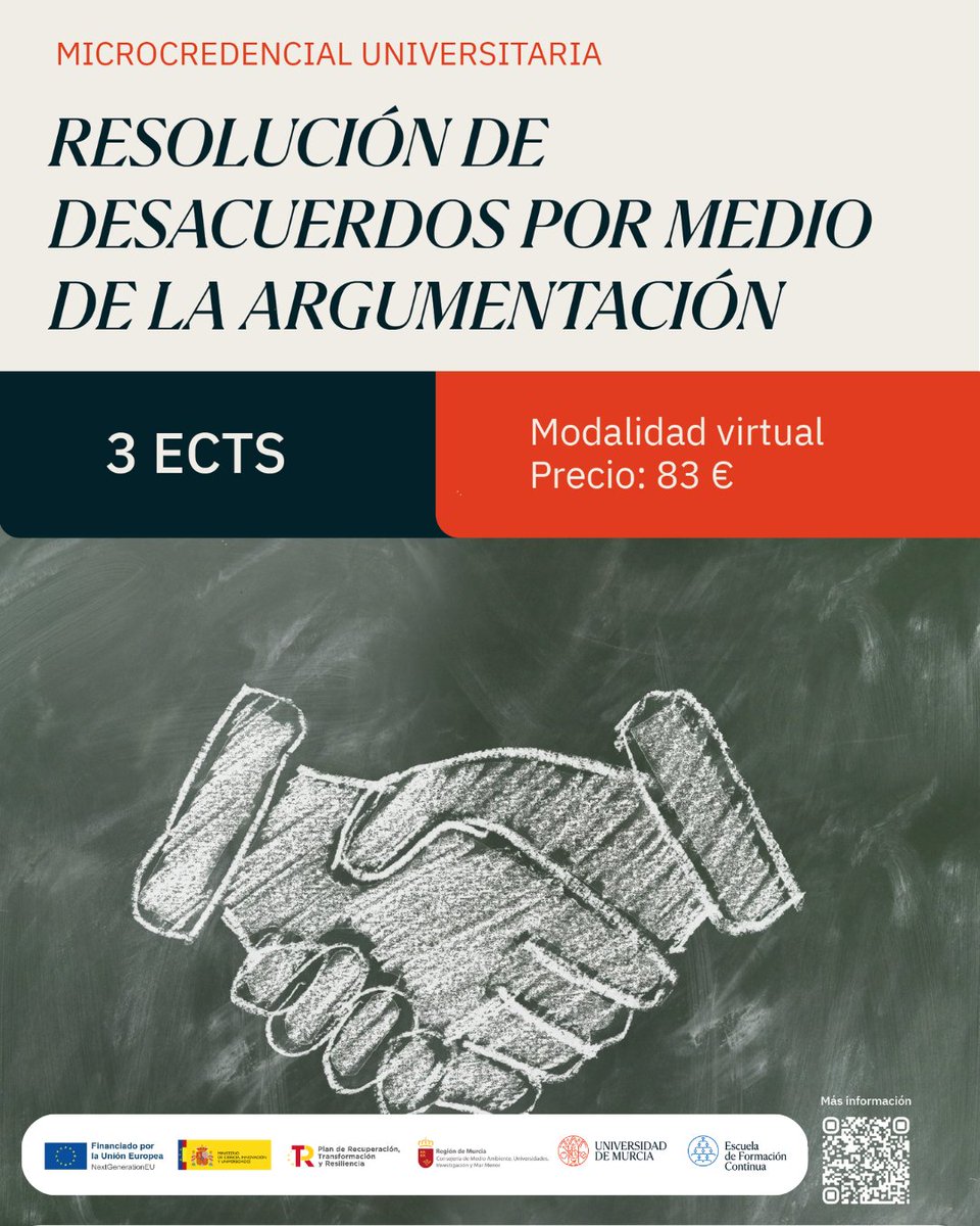🎓Microcredencial Universitaria en Resolución de Desacuerdos por Medio de la Argumentación

📅Matrícula: 26/09 al 23/10/2025
🗓️03/11 al 27/11/2025

Aporta herramientas clave para mejorar las intervenciones profesionales y fortalecer la práctica.

👉casiopea.um.es/cursospe/casio…