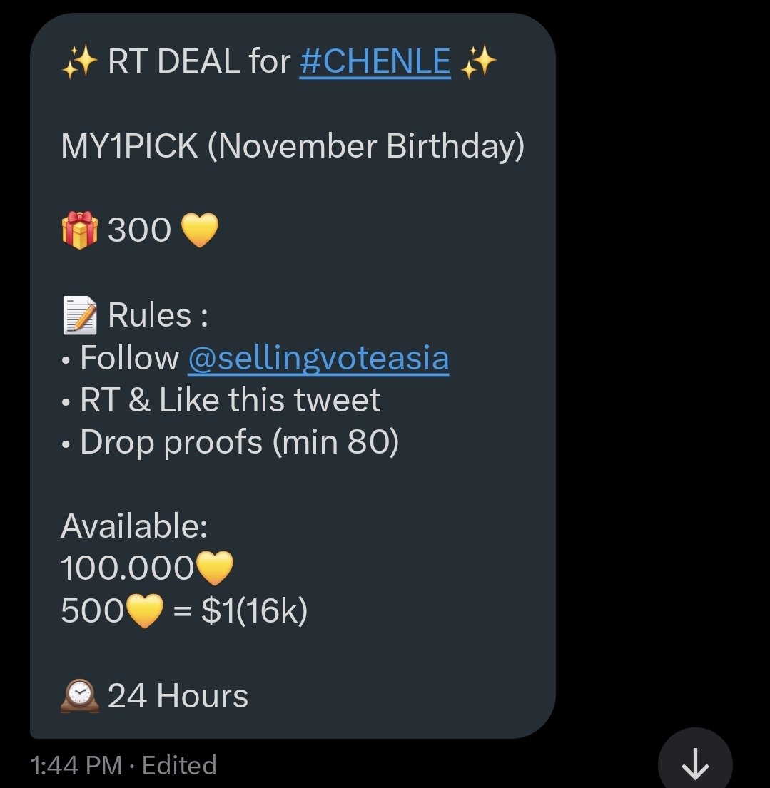 jooysish2's tweet photo. ✨️ RT DEAL for #CHENLE ✨️

MY1PICK (November Birthday)

🎁 300 💛

📝 Rules:
• Follow @sellingvoteasia 
• RT &amp; Like this tweet
• Drop proofs (min 80)

Available:
100.000💛
500💛 = $1(16k)

🕰 24 Hours https://t.co/bfMrUq9d3Y