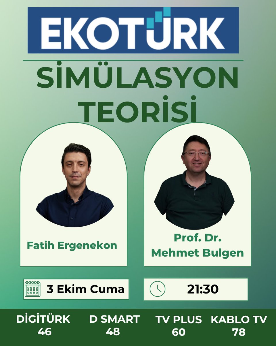 Bu akşam #Muhakeme’de konuğum Prof. Dr. Mehmet Bulgen. "Simülasyon teorisi: üzerine konuşacağız. 

📅 3 Ekim Cuma
🕤 21.30
📺 Ekotürk
🎙️ Prof. Dr. Mehmet Bulgen
<a href="/mbulgen/">Mehmet Bulgen</a>