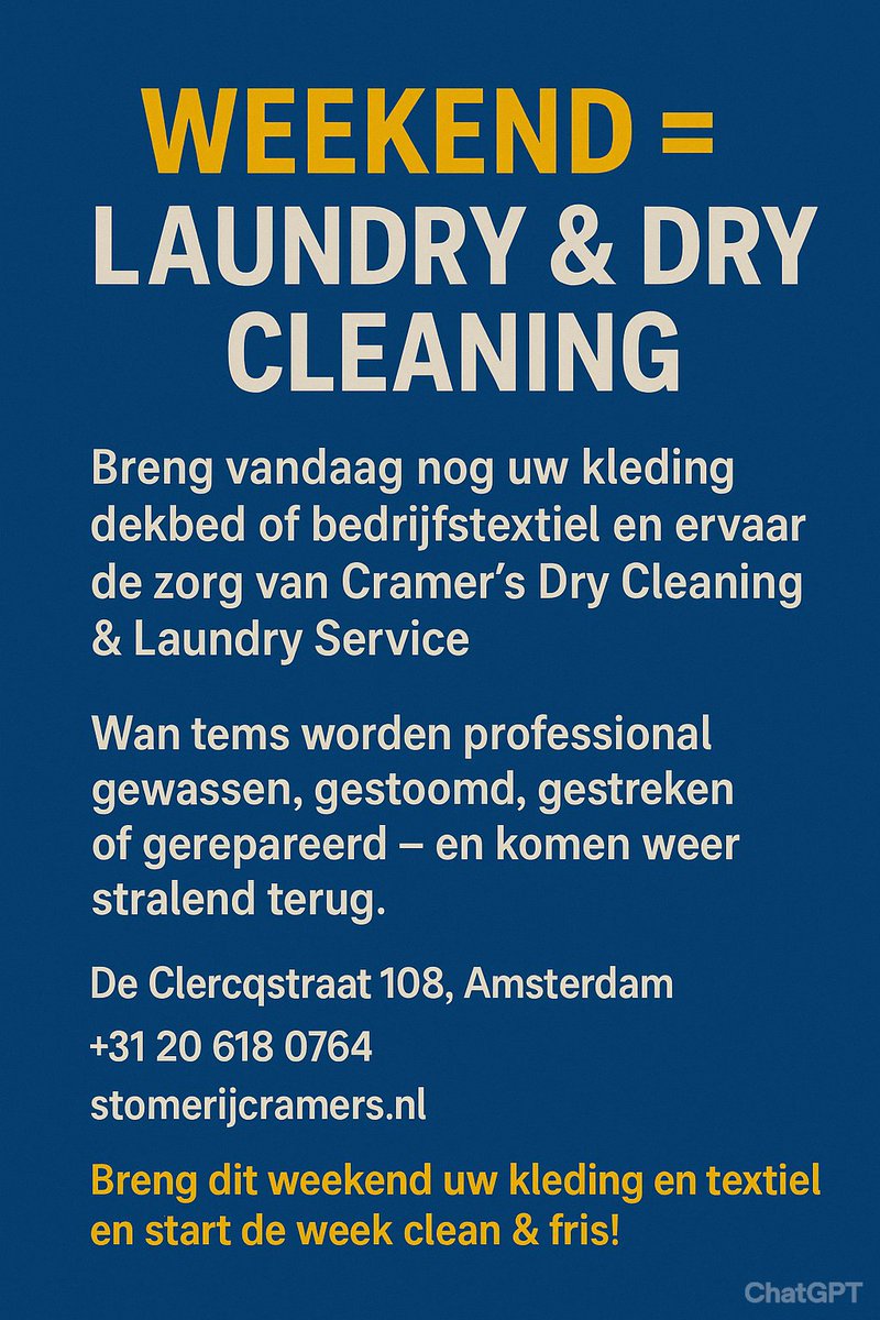 CramersS's tweet image. 🧺✨ Weekend = Laundry &amp;amp; Dry Cleaning at Cramer’s! 👔👗
Got a full laundry basket or clothes that need dry cleaning? This weekend, Cramer’s Dry Cleaning &amp;amp; Laundry Service.
#WeekendService #Amsterdam #LaundryDay #DryCleaning #CramersCleaning #ExpressService #LaundryService
