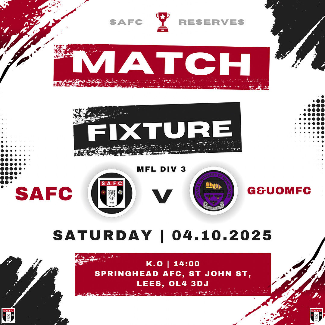 SpringheadAFC's tweet image. ‼️ NEXT UP ‼️ 

The reserves are at home vs Govan &amp;amp; University of Manchester reserves 
KO 2pm

Get down and support the lads!💪🏼

*There is NO first team fixture this week as the fixture has been cancelled*

#UpTheHead
🇾🇪🔴⚫️