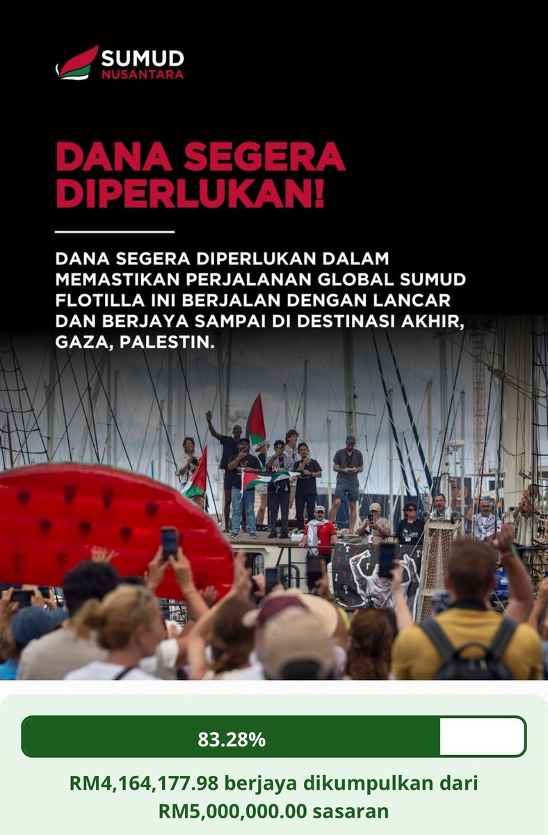 Eventinys's tweet photo. Yesterday, funds collected were at 40%. Today, it has reached 80%. Continue talking about the Global Sumud Flotilla. Together, we can make a change.

#Stand4Sumud https://t.co/LBClWErGrb