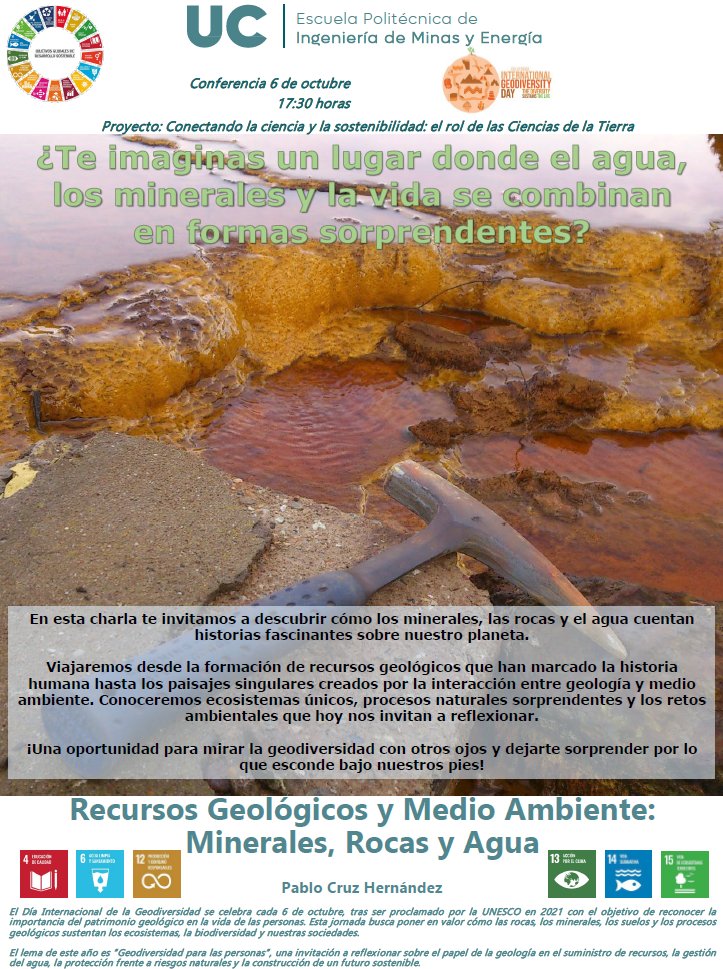 UCDivulga's tweet photo. El próximo lunes 6 de octubre a las 17:30 h ven a la charla: Recursos Geológicos y Medio Ambiente: Minerales, Rocas y Agua a cargo del profesor Pablo Cruz Hernández.
Lugar: Escuela Politécnica de Ingeniería de Minas y Energía de @unican en Torrelavega. https://t.co/MmuZdA84rZ