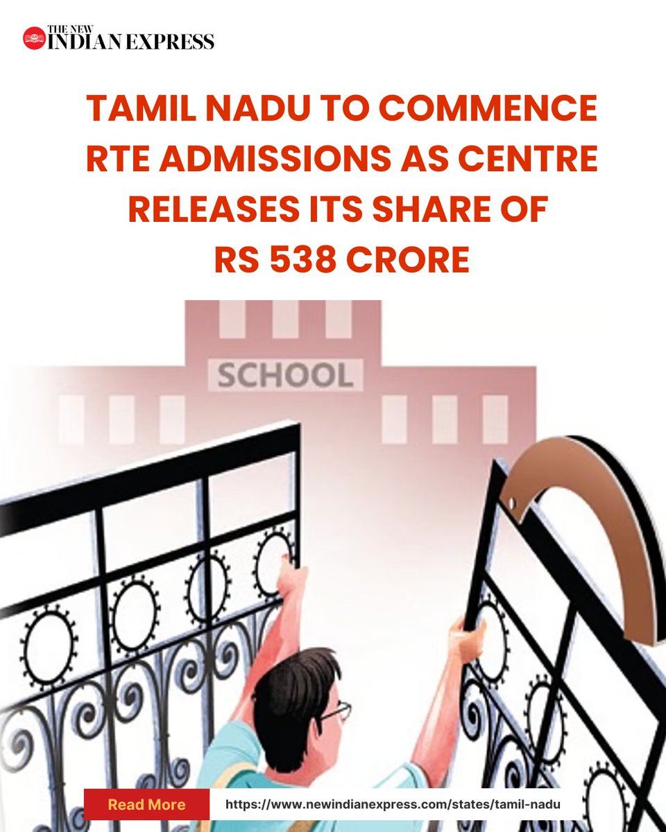 #TamilNadu government has announced that it will issue notifications for admissions under the #RTEAct, 2009, for the academic year 2025-26 on October 6.

The announcement follows the release of the centre’s share of funds Rs 362.81 crore for the entire 2024-25 academic year and