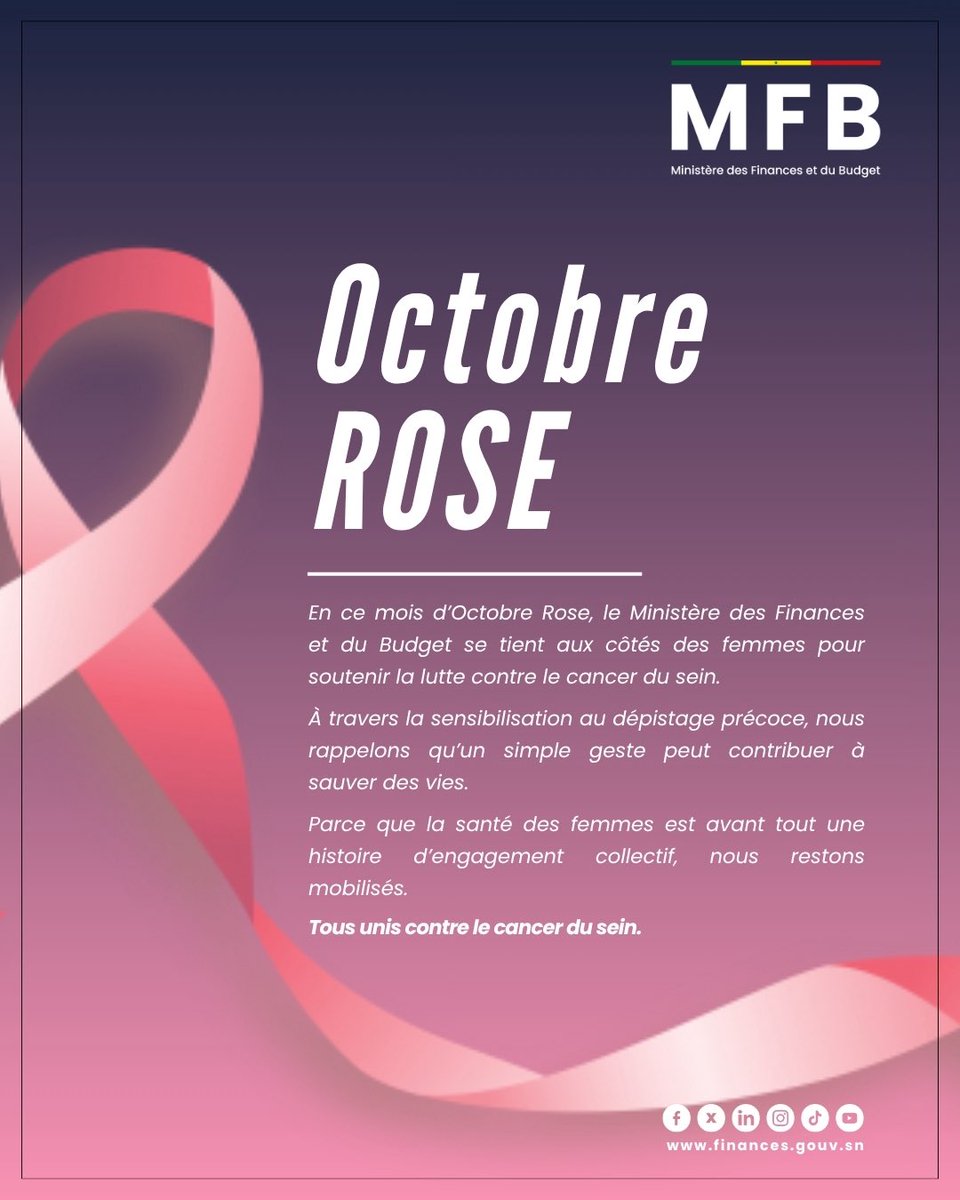 mfb_sn's tweet image. #OctobreRose
En ce mois d’Octobre Rose, le Ministère des Finances et du Budget s’associe à la lutte contre le cancer du sein.
#MFBsn #MinFinances