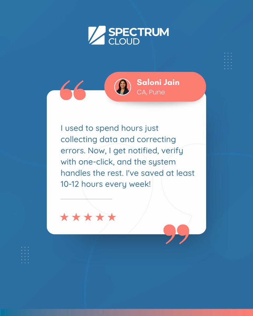 KDKSoftwares's tweet image. From chaos 🌀 to calm 😌
CA Saloni Jain now files for 50+ clients 10x faster, saves 12+ hrs/week, and 0 penalties in 2 quarters.
👉 Automate your compliance today: zurl.co/254PX
#SmartCompliance #SpectrumCloud #CAsOnTech