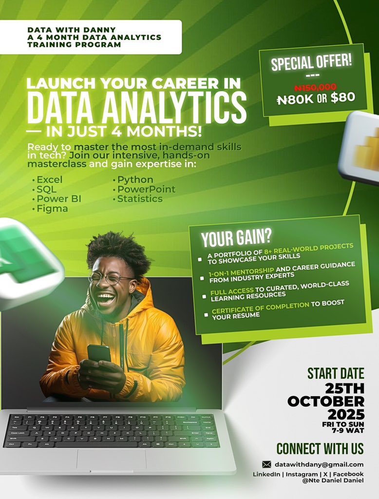 iam_daniiell's tweet image. 𝗚𝗼𝗼𝗱 𝗺𝗼𝗿𝗻𝗶𝗻𝗴 #𝗗𝗮𝘁𝗮𝗙𝗮𝗺!
Imagine starting as a complete beginner and building projects like these 👇 in just 30 days using #Excel
Yes, EXCEL. 💪
These are real projects my students completed in their first month. No prior experience needed.
𝗥𝗲𝗮𝗱𝘆 𝘁𝗼…