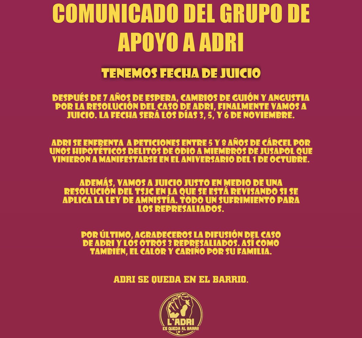 <a href="/Antifaxismoa/">Sare Antifaxista</a> <a href="/muguruzafm/">Fermin Muguruza</a> Próximo juicio de la injusticia española al derecho a decidir y al antifascismo, lo que más les gusta  !!!!
adrinoestassol  y compañeros 3-5 y 6 de Noviembre Audiencia provincial de Barcelona
📢📢📢  Solidaridad antirrepresiva  !!!!  ✊✊✊✊
Vivan los que luchan  !!!!