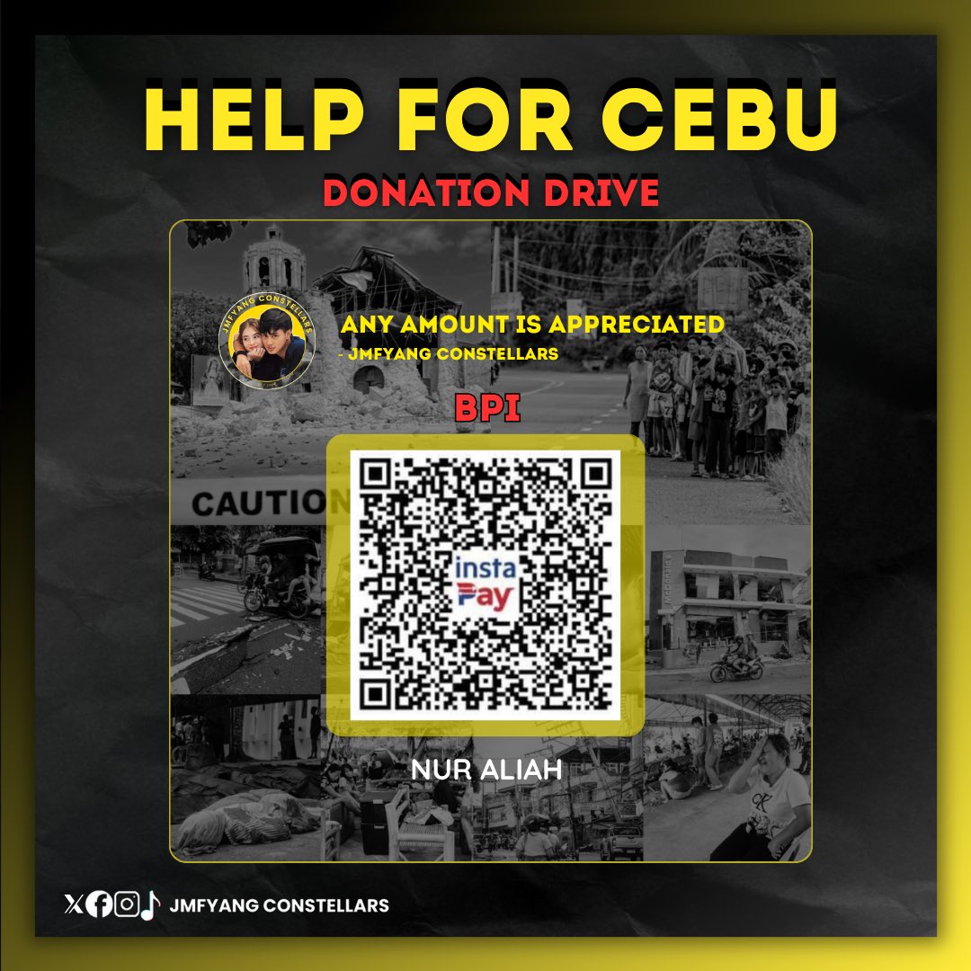 JmFyangConstant's tweet photo. [🤝] TOGETHER FOR CEBU

The 6.9 magnitude earthquake in Cebu has left not only damaged homes, but also wounded hearts. Yet in times like this, we can be the light that brings hope.

Many of our kababayans are in urgent need of assistance. Though the road to recovery may be long, we can help ease their journey by sharing what we can.

Stellars, let’s unite in kindness. Every donation sent through the QR code below will go a long way in helping families rebuild their lives—one step, one act of love at a time. 🌍✨

#JmFyang | #JMIbarra | #FyangSmith