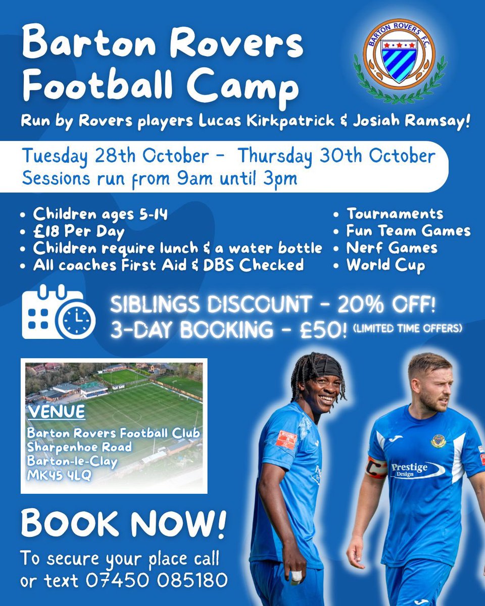 Barton Rovers Football Camp |

Football Camp is back, and this time it will be ran by TWO first team players! 💪

To book your child’s spot for the October half term, contact 07450 085180 📞