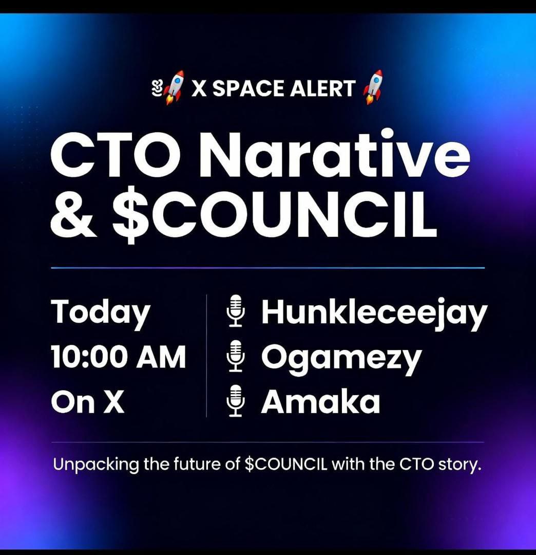 We're going live on X Spaces today, 10 AM WAT.

Tap in and hear everything about $COUNCIL- the movement, the vision, the future.

x.com/i/spaces/1OdKr…

Don't miss it. History is loading.