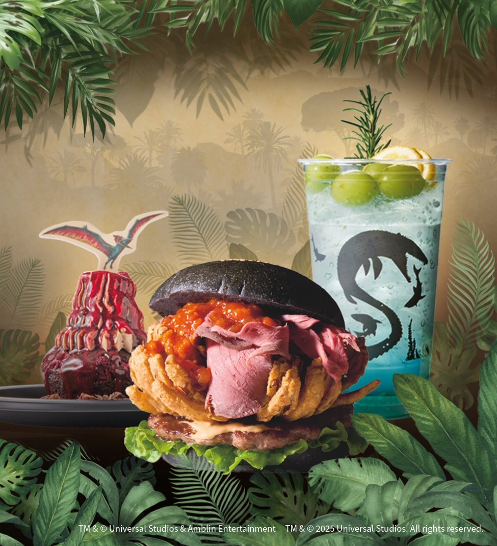 USJ_Official's tweet photo. あのバーガーが帰ってくる！！🦕🍔

ジュラシック・ワールドの
恐竜たちをイメージした
ボリューミーなメニューが勢揃い！

あなたの野生を目覚めさせて
豪快にかぶりつけ！💥💥

📍ディスカバリー・レストラン
https://t.co/8dr4uD40mB https://t.co/YNb13JjH6q