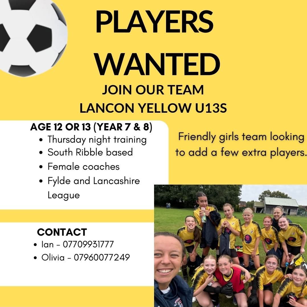 Looking for additional players for our U13s girls football team, (years 7&amp;8).
Friendly team.
Great coaches.
All abilities are welcome.
Based South Ribble/ Preston.

See contacts below.
⚽️⚽️⚽️
<a href="/JfcLancon/">Lancon JFC</a>
#grassrootsfootball 
#girlsfootball 
#lanconforlife