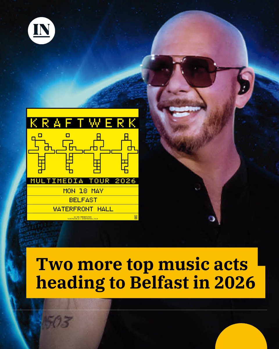 irish_news's tweet image. Pitbull has been confirmed as the latest act for next year&apos;s Belsonic festival.

The global superstar is bringing his  &apos;I’m Back Tour!&apos; to the UK and Ireland in 2026, including a show at Ormeau Park on  June 30.

Meanwhile, electro pioneers Kraftwerk are also coming to Belfast as…