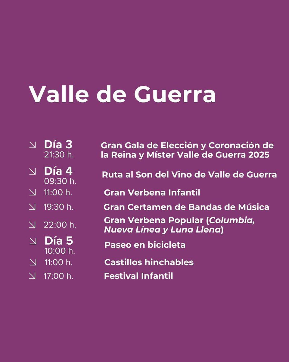 📅 Este fin de semana, La Laguna vuelve a llenarse de música, tradiciones y encuentros comunitarios.

👉 En Valle de Guerra, Valle Tabares, San Miguel de Geneto, Las Mercedes y Las Torres podrás disfrutar de galas, verbenas, festivales folclóricos, juegos infantiles...