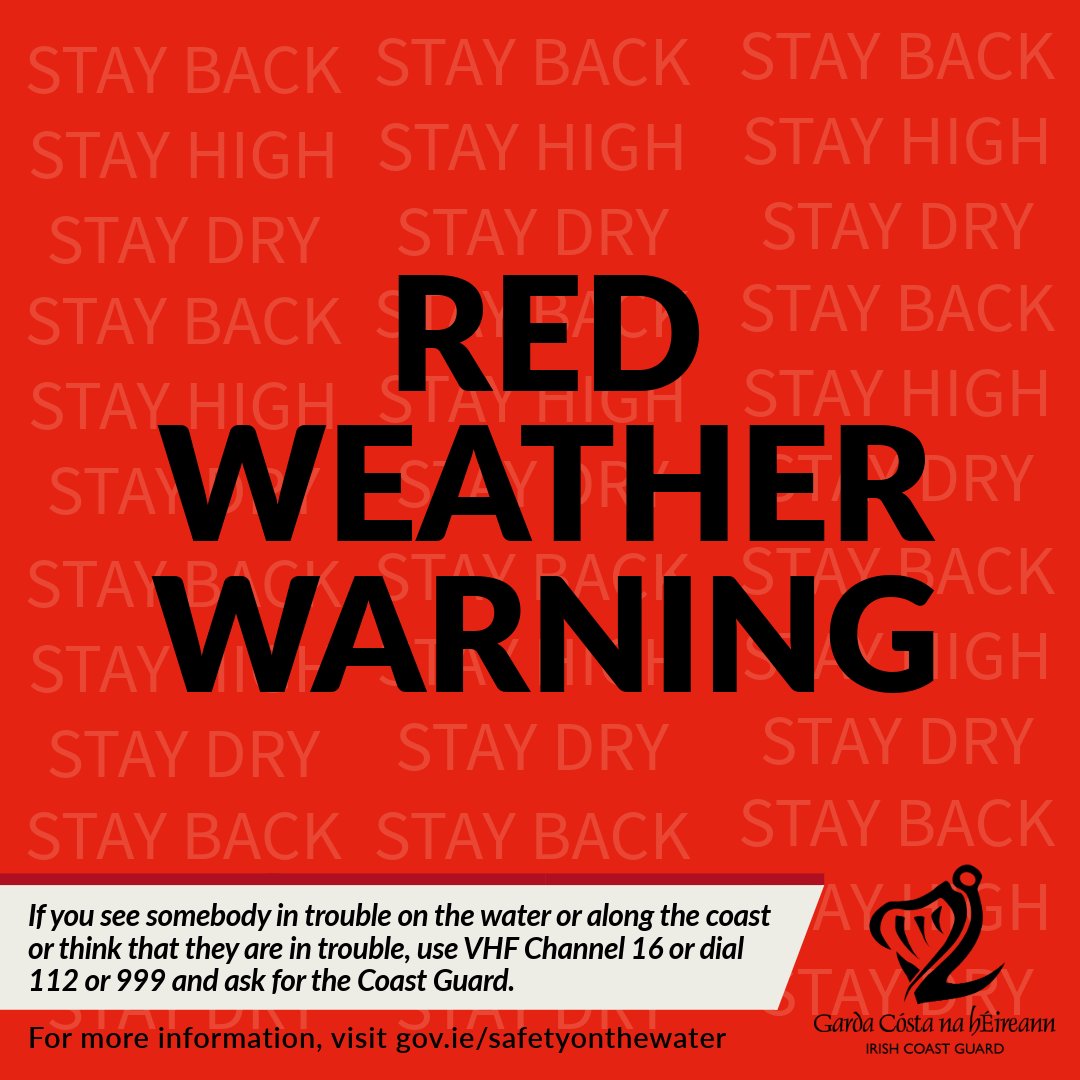 🔴Status Red Wind Warning from Loop Head to Rossan Point to Fair Head.

Southwest to west winds may reach storm force 11 at times.

The Coast Guard is reminding the public to Stay Back, Stay High and Stay Dry for the duration of these wind warnings

🔗 met.ie/warnings-today…