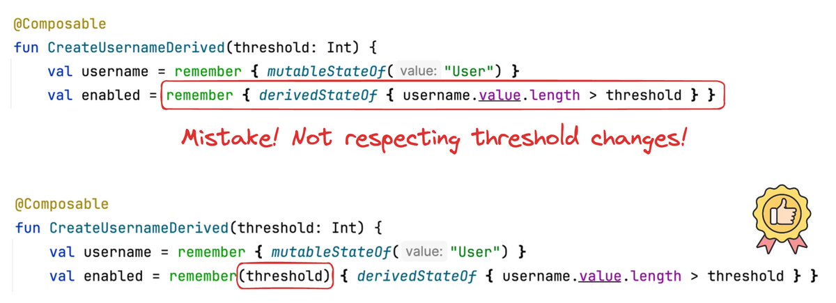 marcinmoskala's tweet image. derivedStateOf body can only observe state, it cannot observe other values! If you use any value that is not a state, and that might change, you must include it as remember key to create new derived state when it changes!