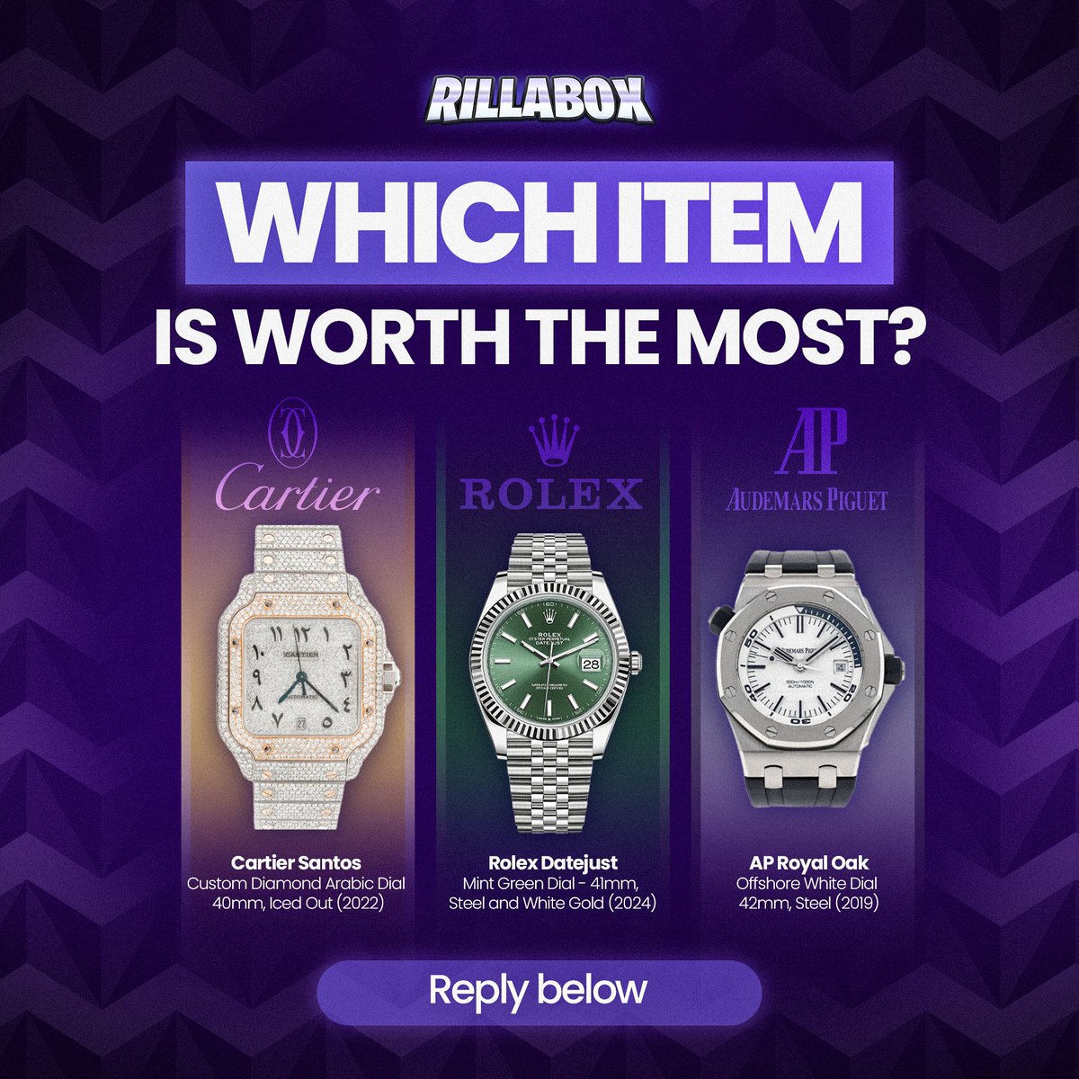 RillaBox's tweet image. Can you guess which watch is worth the most?
Get it right & win $5, drop your guesses👇