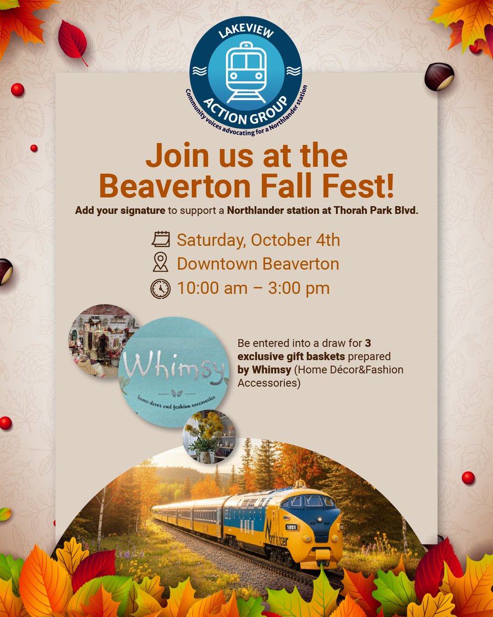 LakeviewGroup_'s tweet photo. 🚆 Our community deserves fair transit!
📍 Join us at Beaverton Fall Fest this Sat, Oct 4 (10am–3pm).
✍️Sign the petition for a Northlander station at Thorah Park Blvd.
🎁 Every signature enters you to win gift baskets from Whimsy!
#BeavertonFallFest #LakeSimcoe #ThorahParkBlvd https://t.co/Wn7h2uC5iH