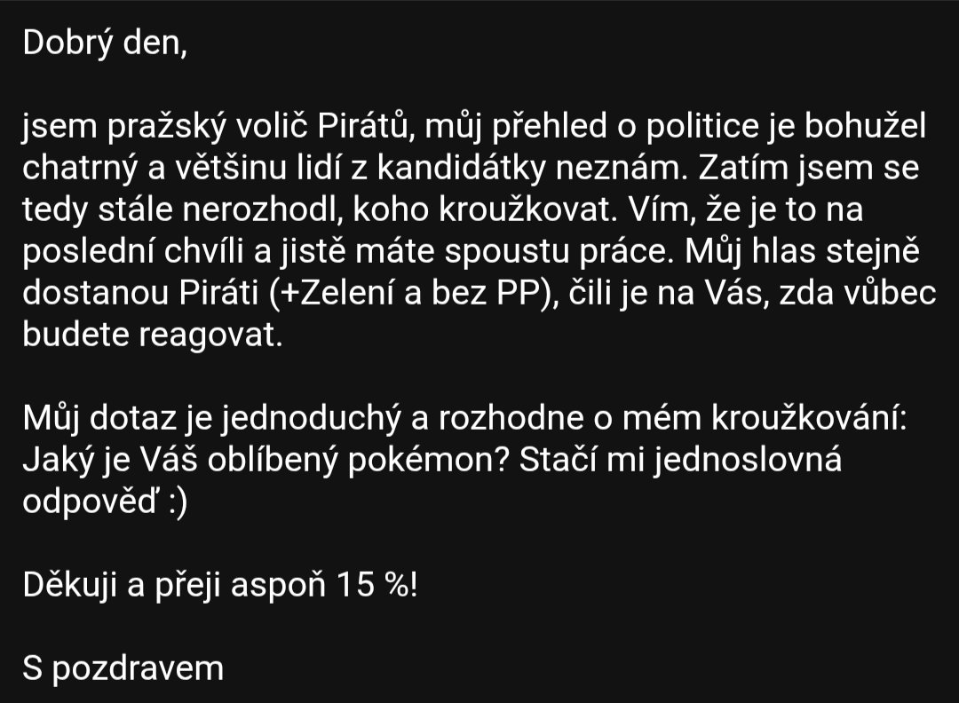 Včera se mě zeptal jeden volič v emailu, jaký je můj oblíbený #pokémon.

Můj je Charmander 🔥 Tak nevím, jestli si za to zasloužím od pisatele kroužek ⭕ či ne 🫢

Jaký je ten Váš?

#volby25 🇨🇿 #sněmovna #letospiráti