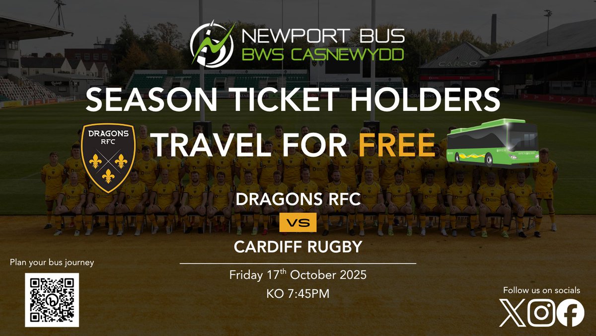 Newport Bus (@newportbus) on Twitter photo Newport Bus are delighted to offer FREE travel to <a href="/dragonsrfc/">Dragons RFC 🐉</a>'s home season ticket holders travelling to the match at Rodney Parade against Cardiff Rugby this Friday 17th October!🏉🚌
🔗Plan your bus journey here: bit.ly/3s9ANda Newport Bus are delighted to offer FREE travel to <a href="/dragonsrfc/">Dragons RFC 🐉</a>'s home season ticket holders travelling to the match at Rodney Parade against Cardiff Rugby this Friday 17th October!🏉🚌
🔗Plan your bus journey here: bit.ly/3s9ANda