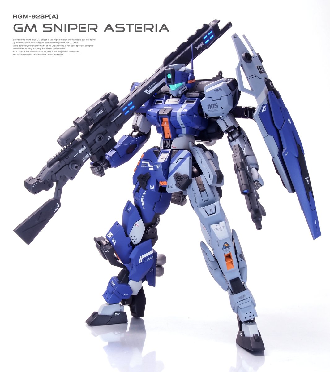 『KING OF GM』参戦作品
ジムスナイパー=アステリア

オーガスタ系MSのジムスナIIを
AE社が接収・再設計して
0090年代に蘇らせた機体、という設定で
いろいろミキシングして作りました。

リプ欄もご覧いただけたら幸いです！

#KOG完成
#ガンプラ