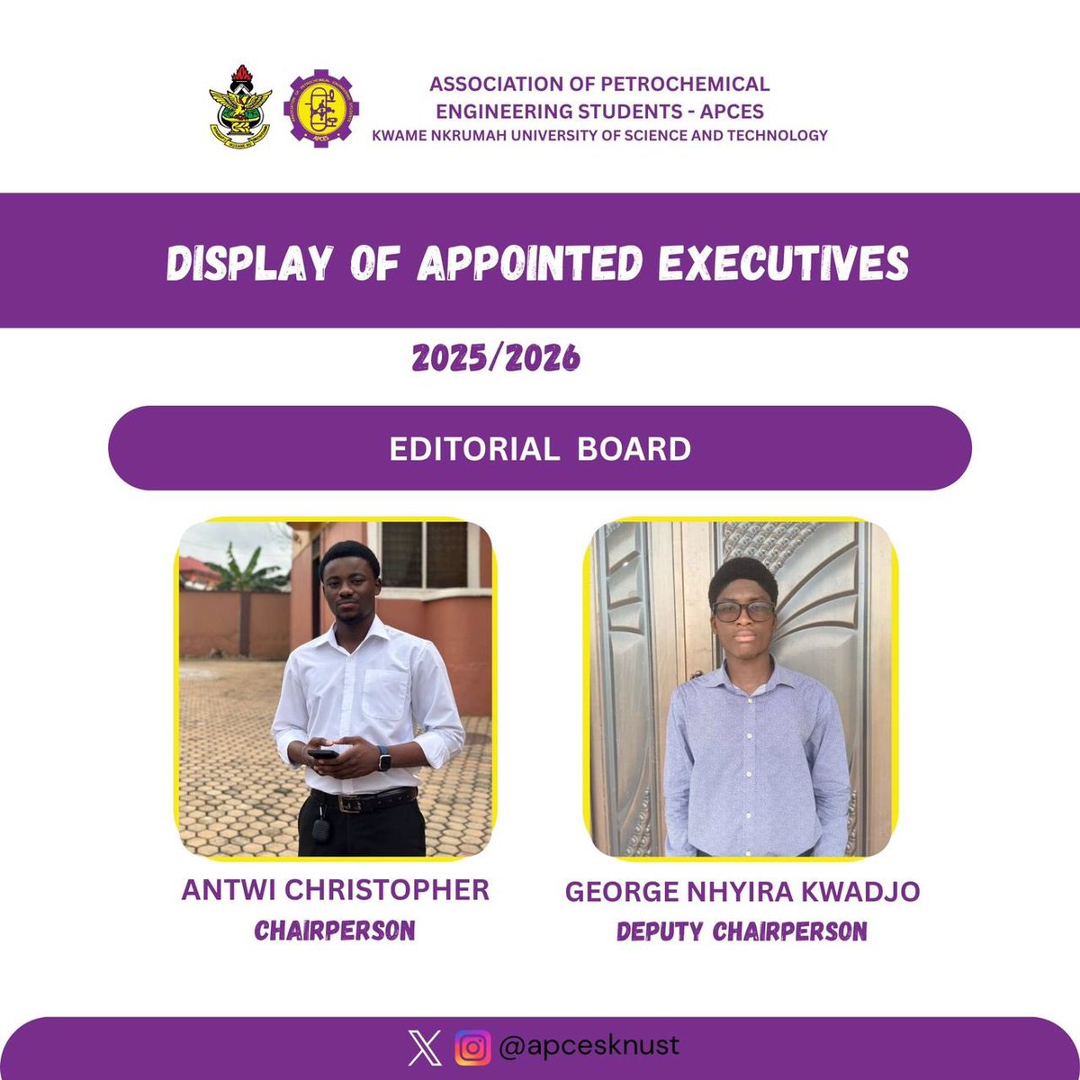 *💜💛DISPLAY OF APPOINTED EXECUTIVES 💜💛*

THE *BIG REVEAL* IS HERE❗👏

We are excited to present the newly appointed *Editorial Board Chairpersons* of the *Baffoe-Solace Led  Administration*.
Congratulations on your appointment 🎉

➖➖➖➖➖➖➖➖➖➖
*APCES EXECUTIVES 25/26