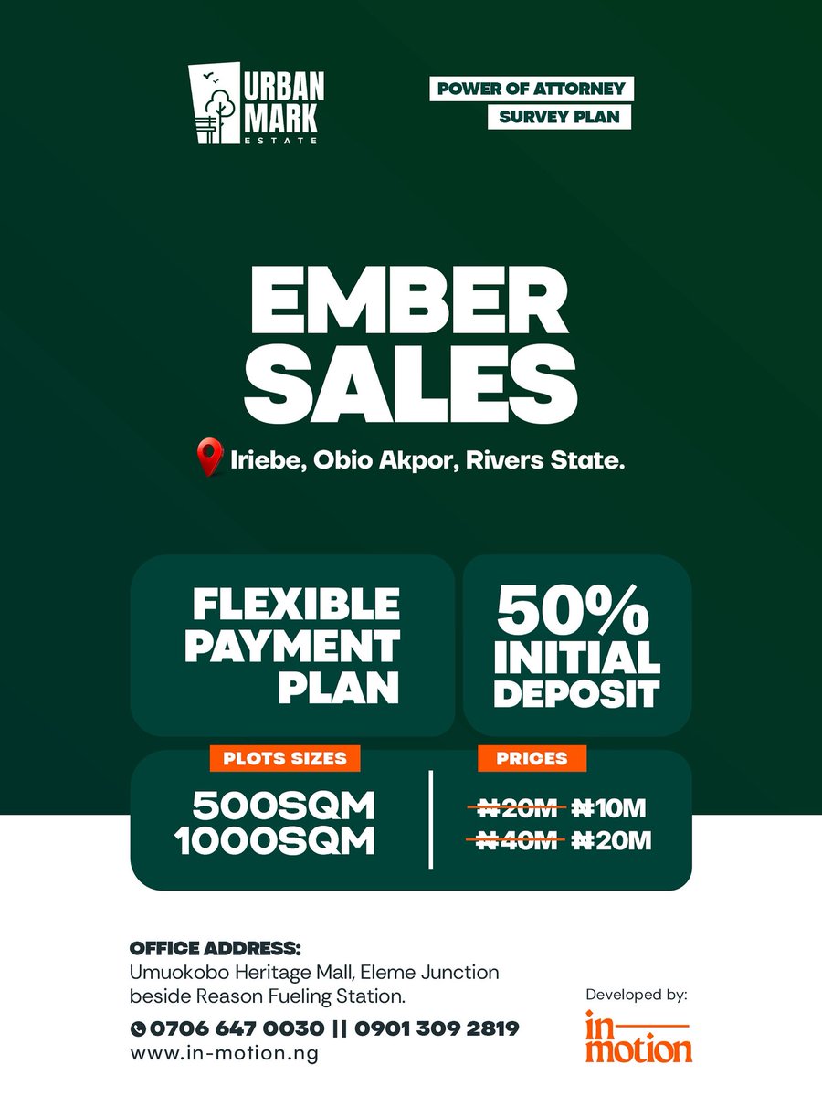 inmotionng_'s tweet photo. Not every December gift comes in a box…
Some come as land in Rivers State — now 50% off.

500SQM: ₦10M | 1000SQM: ₦20M
📞 +234 901 309 2819 | +234 706 647 0030
🌍 https://t.co/nAOcS8uzpe

#urbanmarkestate #emberdeals #realestatenigeria #RamsHouse #TaylorSwift https://t.co/N6qkJj2Uhg