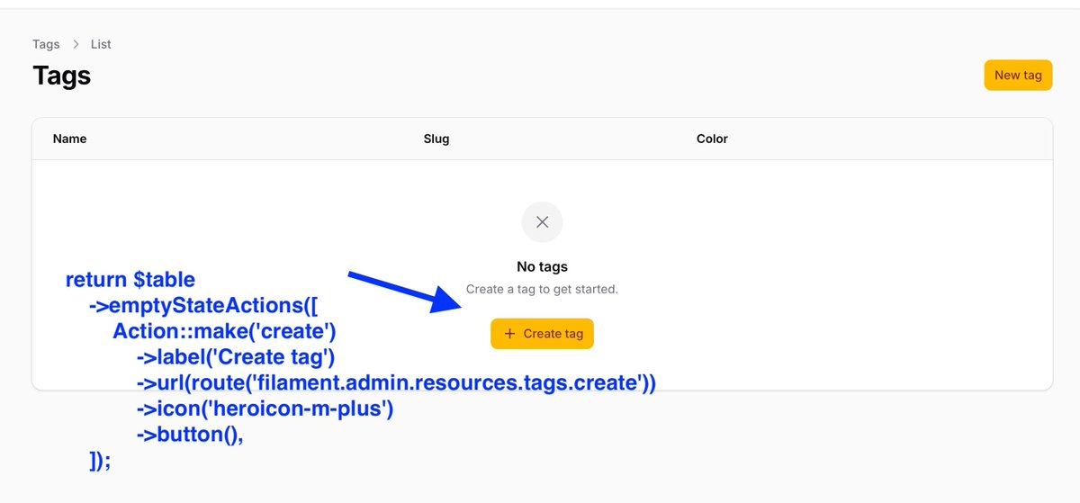 PovilasKorop's tweet image. Tip on @filamentphp.
Empty table? No data?
It will just show "No posts" in the middle, in the empty state.
But you can add ACTIONS to the empty state to prompt users to take action.
Pass these to the `emptyStateActions()` method.
Docs: filamentphp.com/docs/4.x/table…