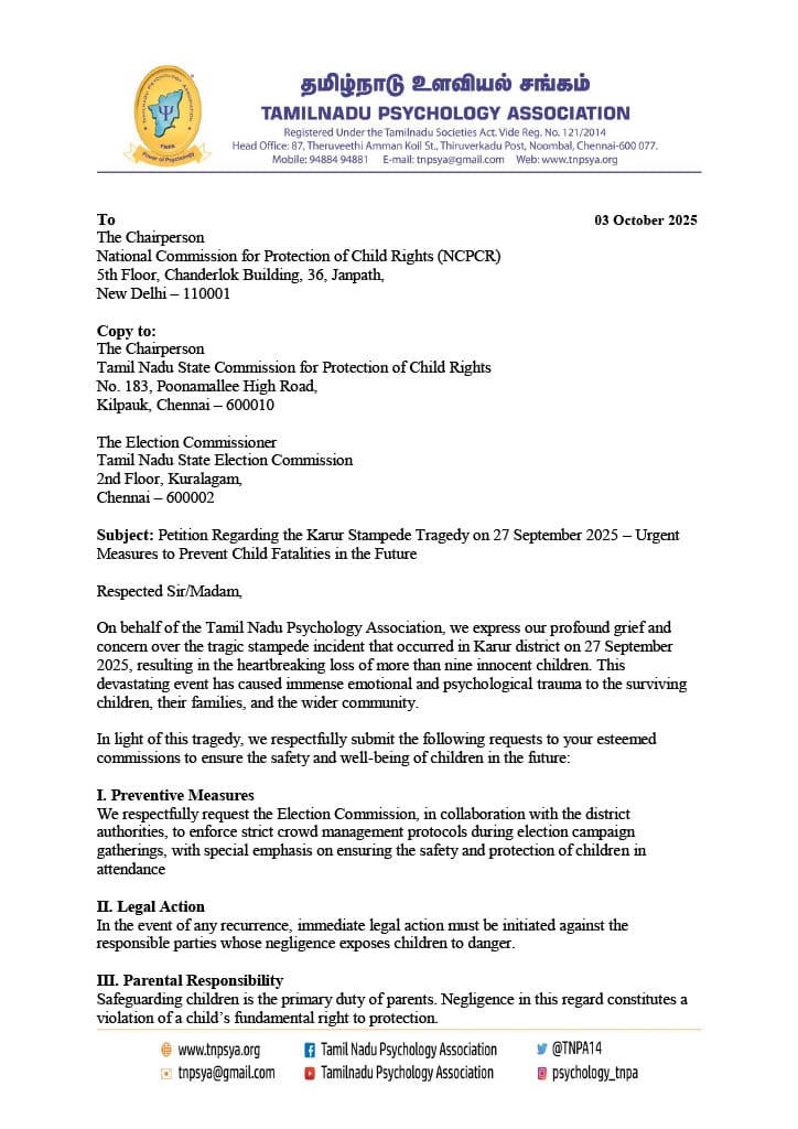 TNPA14's tweet photo. Notice from Tamil Nadu Psychology Association
 On 03 October 2025, TNPA has officially filed a petition with:
National Commission for Protection of Child Rights (NCPCR)
Tamil Nadu State Commission for Protection of Child Rights (TNCPCR)
Tamil Nadu State Election Commission https://t.co/GScmzWgBwR