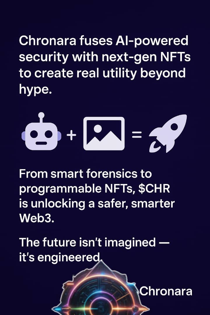 mikeisresilient's tweet photo. @Chronara_ai fuses AIpowered security with nextgen NFTs to create real utility beyond hype.
From smart forensics to programmable NFTs, $CHR is unlocking a safer, smarter Web3..

The future isn’t imagined ..it’s engineered..
 @Kevin_8663 @Chronara_Africa #ChronaraNigeria https://t.co/aLNDAtimoa