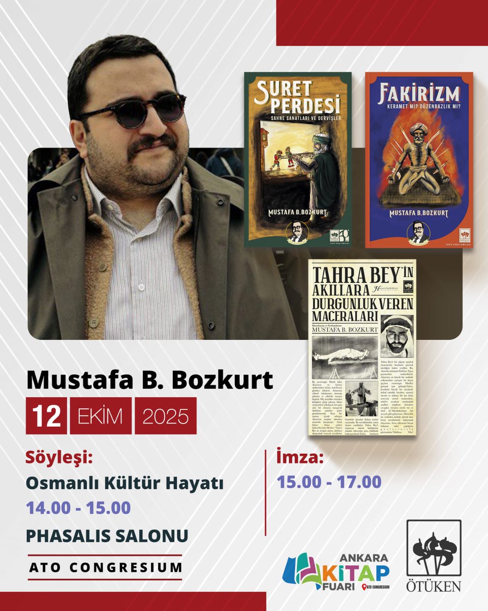 SONRA DUYMADIK GÖRMEDİK DEMEYİN!
Haftaya 12 Ekim 2025 Pazar günü, 
Ankara Kitap Fuarı bünyesinde ATO CONGRESIUM 'da 
Saat 14:00-15:00 arası "Osmanlı Kültür Hayatı" üzerine söyleşi yapacağız.
15:00-17:00 Arası kitaplarımızı imzalayacağız.
Ankaralı dostları bekleriz.