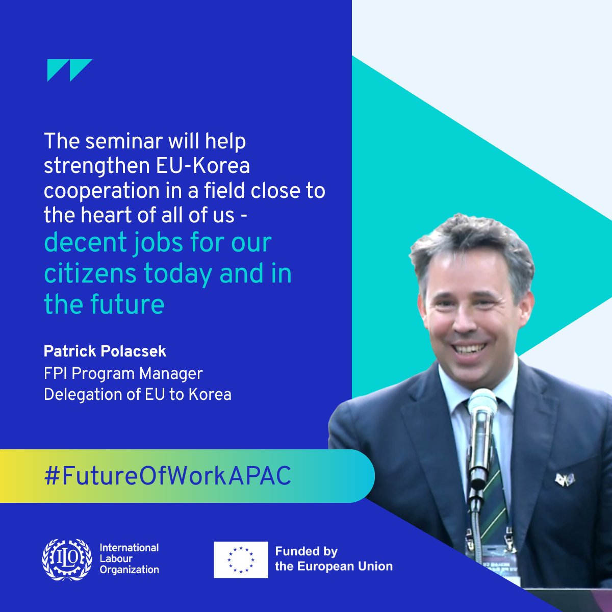 ILOAsiaPacific's tweet image. @PatrickPolacsek, EU Delegation to the Republic of Korea, congratulated Korea Labor Institute on its 37th anniversary and thanked the #FutureOfWorkAPAC project for advancing efforts to ensure #DecentJobs for citizens today and in the future.

@EU_FPI @euinkorea