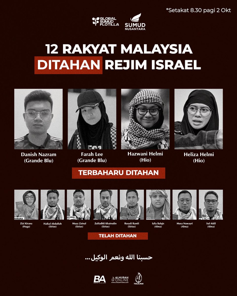 Update dari Global Sumud  Flotilla, 12 warga negara Malaysia ditangkap penjajah Zionist
#GlobalSumudFlotilla #Palestine #FreePalestine #PalestineSolidarity #PalestineMatters