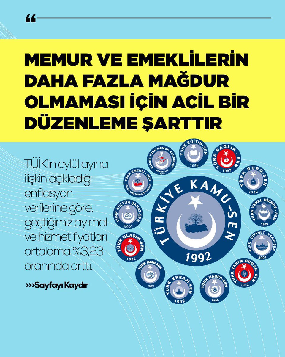 TalipGeylan06's tweet photo. MEMUR VE EMEKLİLERİN DAHA FAZLA MAĞDUR OLMAMASI İÇİN ACİL BİR DÜZENLEME ŞARTTIR

TÜİK’in eylül ayına ilişkin açıkladığı enflasyon verilerine göre, geçtiğimiz ay mal ve hizmet fiyatları ortalama %3,23 oranında arttı. Yıllık enflasyon %33,29 olarak gerçekleşti. Yılın yalnızca temmuz,ağustos ve eylül aylarındaki enflasyon %7,5’e ulaşırken, temmuz ayında memur ve emeklilere verilen %5’lik maaş artışı daha ilk aylardan eriyip yok oldu. Resmî rakamlara göre dahi, kamu çalışanlarının alım gücü üç ay içinde 2,5 puan geriledi.
Artık alışılagelmiş bir tabloyla karşı karşıyayız: Enflasyon hedefleri tutmuyor, maaşlar eriyor. Çarşıdan pazara, mutfaktan cebe yansıyan zamlar, memur ve emeklilerin bütçesini her geçen gün daha fazla zorluyor. Hedeflenen enflasyona endekslenen maaş artışları, bir zam olmaktan çıkmış, adeta ön ödemeli enflasyon düzeltmesine dönüşmüştür.
Bu durum, toplu sözleşme masasında dile getirdiğimiz taleplerimizin ne kadar haklı ve yerinde olduğunu bir kez daha ortaya koymuştur. Çalışanların ücretleri yalnızca maliyet hesabıyla ele alınamaz; bu yaklaşımın sosyal bir yönü yoktur. Artık hedeflerle değil, gerçeklerle hareket etmenin zamanı gelmiştir.
Bu nedenle;
• Refah payı talebimiz hayati bir zorunluluktur.
• Enflasyon farkı, ortaya çıktığı andan itibaren maaşlara yansıtılmalıdır.
• Seyyanen zamla destek sağlanarak kamuda farklı statüler arasında oluşan dengesizlik giderilmelidir.
Ücret dengesizliği ve hızla eriyen maaşlarla bu yolun yürünemeyeceği açıktır. Önümüzdeki süreçte başlayacak Merkezi Yönetim Bütçe Kanunu çalışmalarında, mutlaka memur ve emeklilere yönelik düzenlemelere yer verilmelidir. Türkiye Kamu-Sen olarak aylardır dile getirdiğimiz gibi, memurlarımıza öngörülen hayat pahalılığı ve gerçek enflasyon dikkate alınarak, alım gücünü yükseltecek gerçek maaş artışından başka çözüm yolu yoktur.
Unutulmamalıdır ki; %5’lik artışla ayakta kalmaya çalışan kamu çalışanları kira, mutfak, eğitim ve sağlık giderlerini karşılayamaz duruma gelmiştir. İş yükünün arttığı, kiraların ve sosyal maliyetlerin katlandığı bu dönemde, alın terinin karşılığını alamayan memurlar her geçen gün daha da yoksullaşmaktadır.
Ülkenin dört bir yanında fedakârca görev yapan kamu çalışanları ücret adaletsizliğine ve yoksulluğa mahkûm edilmemelidir. Memur ve emeklilerin daha fazla mağdur olmaması için adil bir düzenleme yapılmalıdır.
Türkiye @Kamu_Sen , her platformda kamu çalışanlarının hakkını sonuna kadar savunmaya kararlıdır.