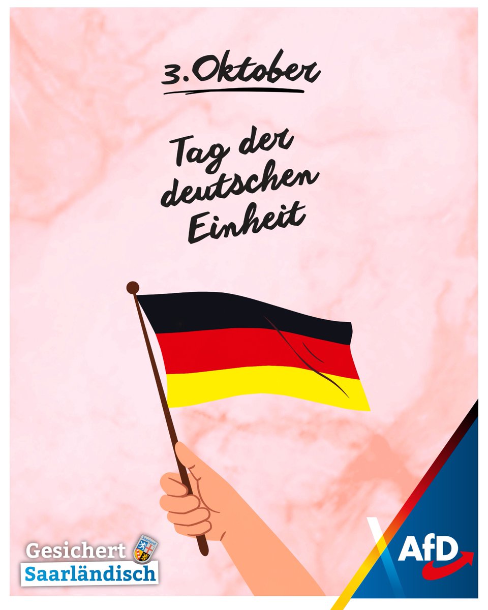 Der Tag der Deutschen Einheit ist ein stolzer Tag. Friedliche Revolution, Fall der Mauer und die Wiedervereinigung nach ganzen vier Jahrzehnten der Teilung erinnern daran, was unser Land erreichen kann, wenn die Bürger zusammenhalten und aufbegehren!

Die AfD Saarland wünscht