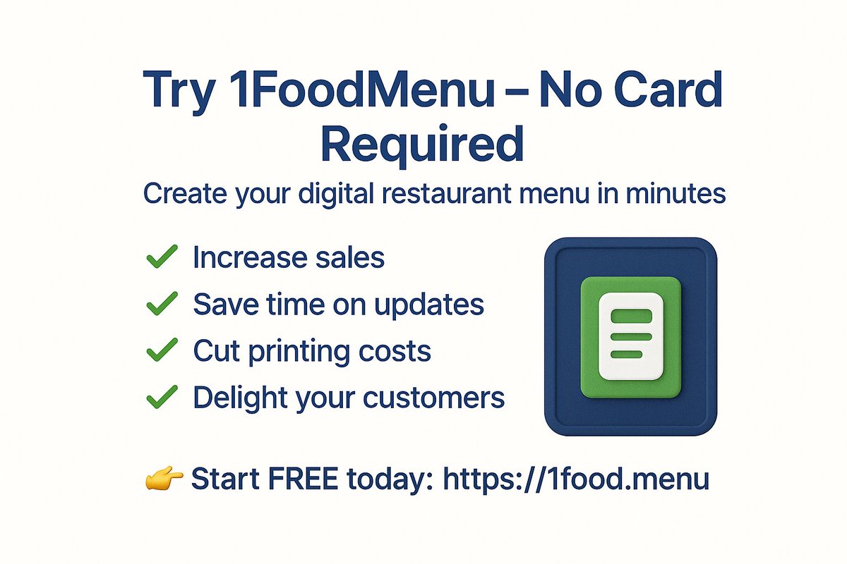 1FoodMenu's tweet photo. Try 1FoodMenu – No Card Required

Create your digital restaurant menu in minutes.

✅ Increase sales
✅ Save time on updates
✅ Cut printing costs
✅ Delight your customers

👉 Start FREE today: https://t.co/mp0iWxPeW7 https://t.co/26SatMyLAT