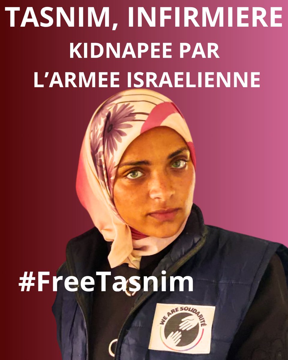 Tasnim, notre infirmière dévouée, a été kidnappée hier par l'armée israélienne alors qu'elle soignait des patients dans notre centre de santé à Gaza. 

Depuis, nous sommes sans nouvelles d'elle et nous sommes plongés dans l'inquiétude et l'angoisse.

😔
