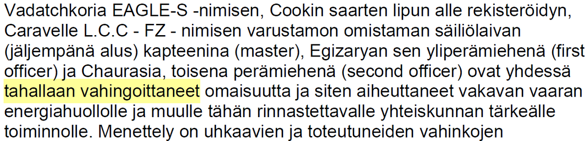 mikkothuttunen's tweet photo. Kuitenkin rangaistusvaatimuksessa: "ovat yhdessä tahallaan vahingoittaneet omaisuutta". (Tämä toki törkeän tuhotyön kohdalla, minkä osalta tehtiin luultavasti oikea johtopäätös kansallisen tunnusmerkistön rajautumisesta muihin kuin vain taloudellisiin vahinkoihin.) https://t.co/QF18EvN8mc