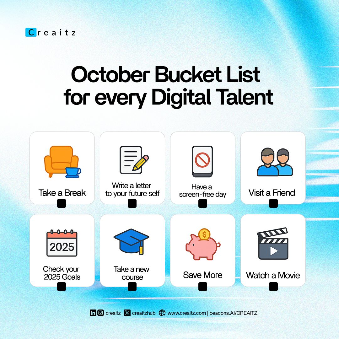 Creaitz HQ (@creaitzhub) on Twitter photo Are you a digital talent wondering what to add to your bucket list this October?
Weโve curated a list of to-dos every digital talent should tick off this month.
Want a copy? Send us a DM and weโll send it your way! Are you a digital talent wondering what to add to your bucket list this October?
Weโve curated a list of to-dos every digital talent should tick off this month.
Want a copy? Send us a DM and weโll send it your way!